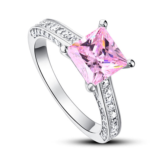 1.5 Carat Princess Cut Lab Created Pink Diamond 925 Sterling Silver Wedding Engagement Ring