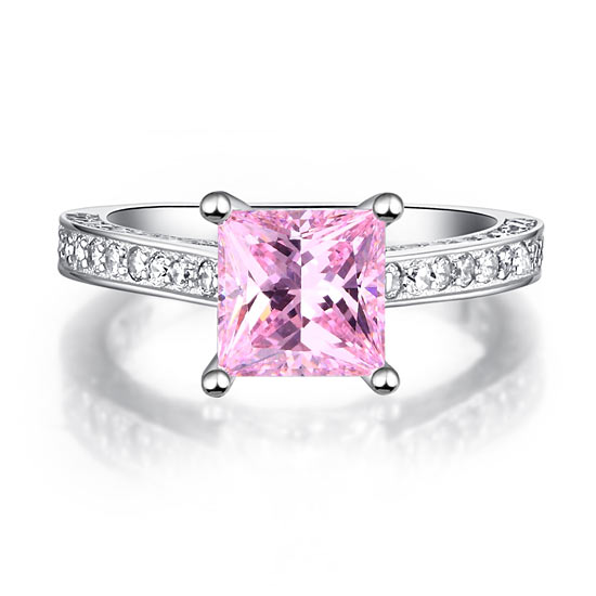 1.5 Carat Princess Cut Lab Created Pink Diamond 925 Sterling Silver Wedding Engagement Ring