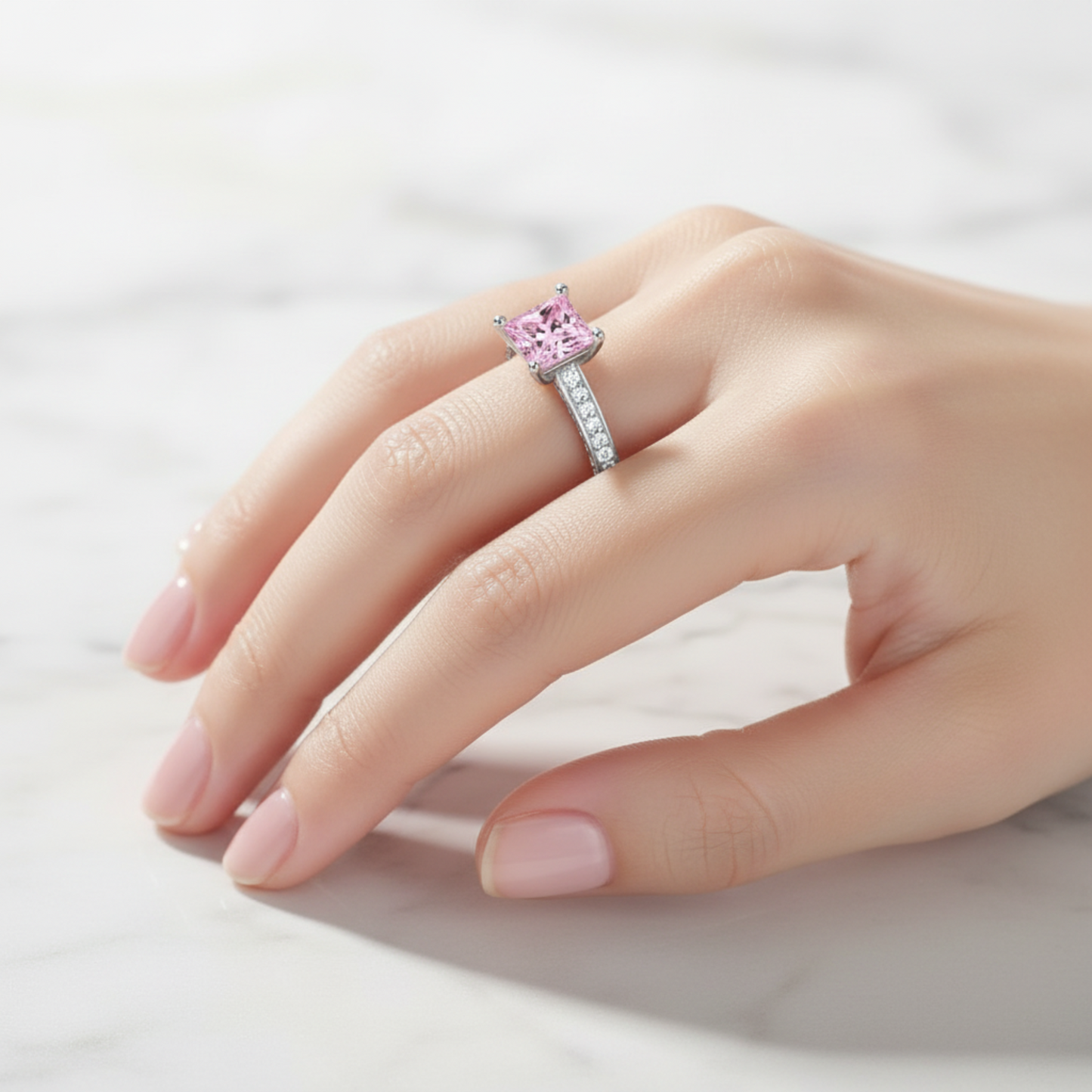 1.5 Carat Princess Cut Lab Created Pink Diamond 925 Sterling Silver Wedding Engagement Ring