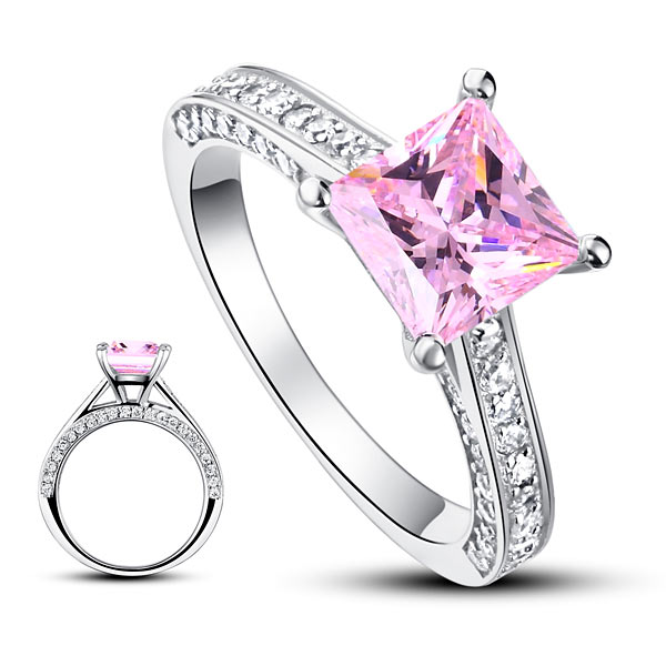 1.5 Carat Princess Cut Lab Created Pink Diamond 925 Sterling Silver Wedding Engagement Ring