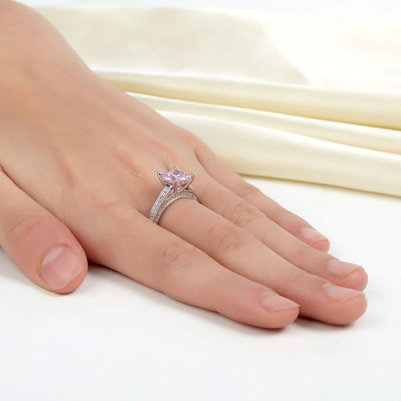 1.5 Carat Princess Cut Lab Created Pink Diamond 925 Sterling Silver Wedding Engagement Ring