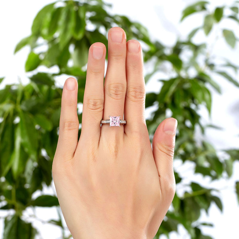 1.5 Carat Princess Cut Lab Created Pink Diamond 925 Sterling Silver Wedding Engagement Ring