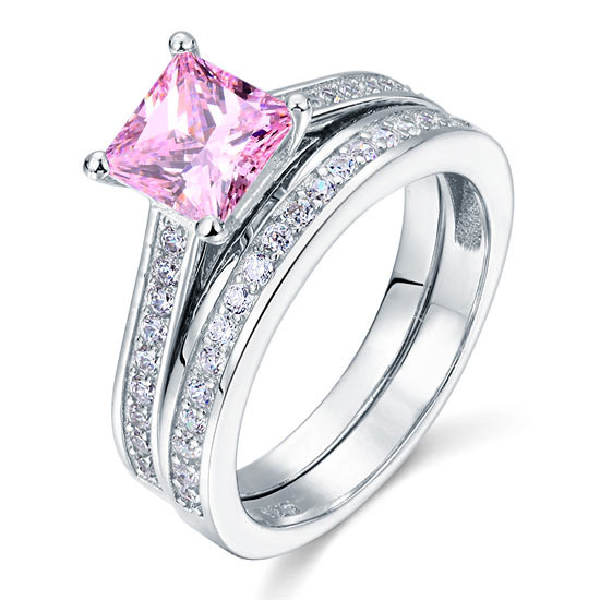1.5 Princess Cut Pink Diamond Bridal Ring Set 925 Sterling Silver