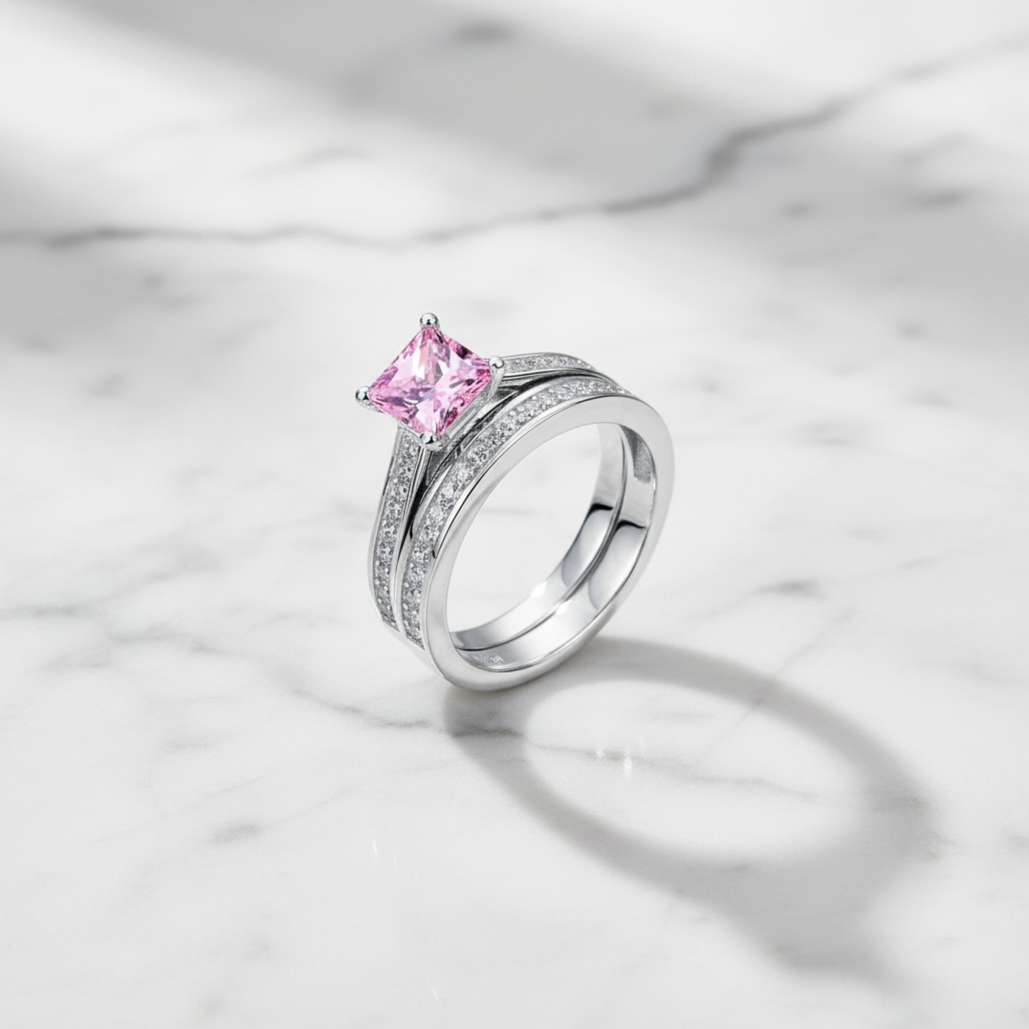 1.5 Princess Cut Pink Diamond Bridal Ring Set 925 Sterling Silver