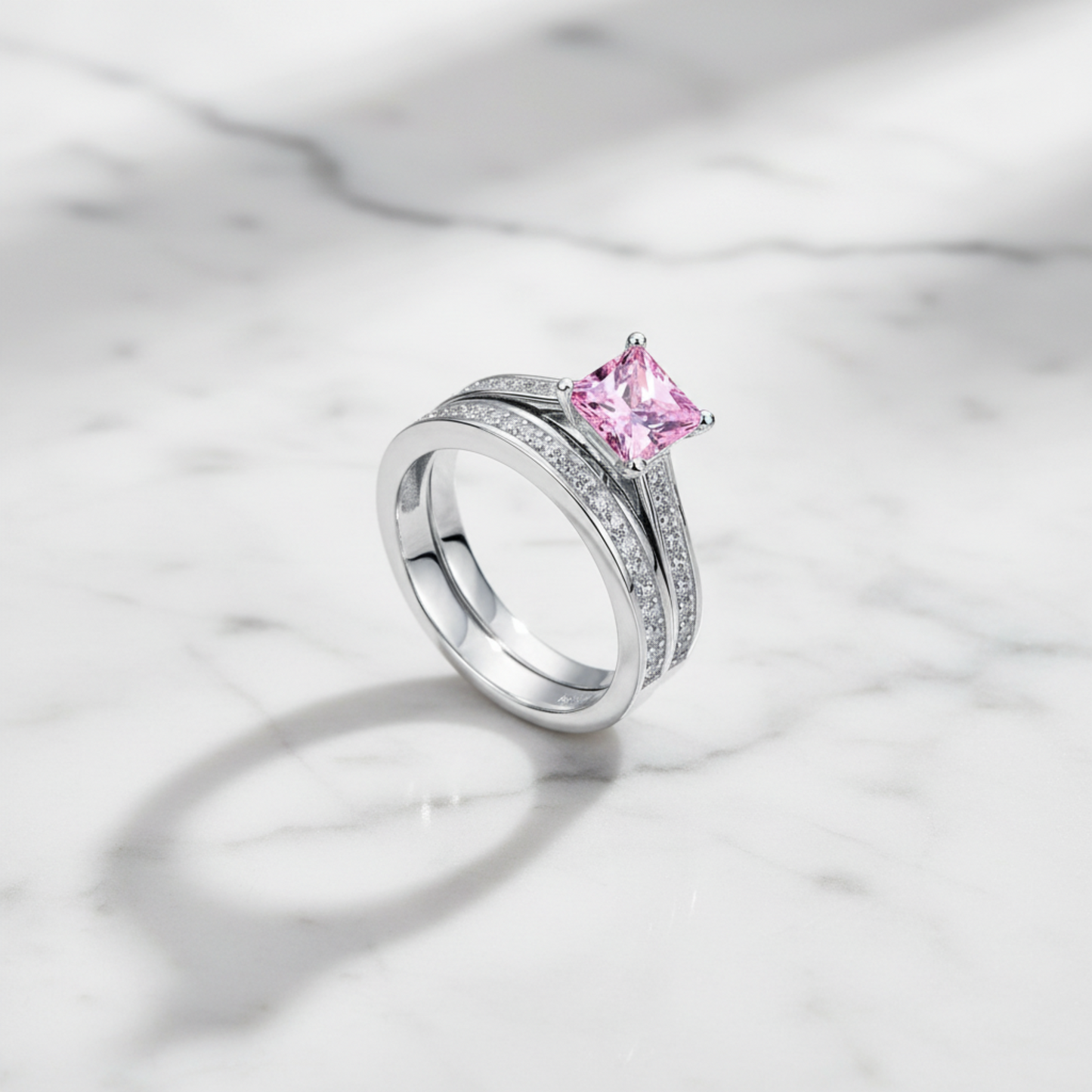 1.5 Princess Cut Pink Diamond Bridal Ring Set 925 Sterling Silver