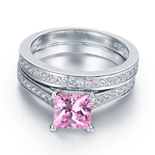 1.5 Princess Cut Pink Diamond Bridal Ring Set 925 Sterling Silver