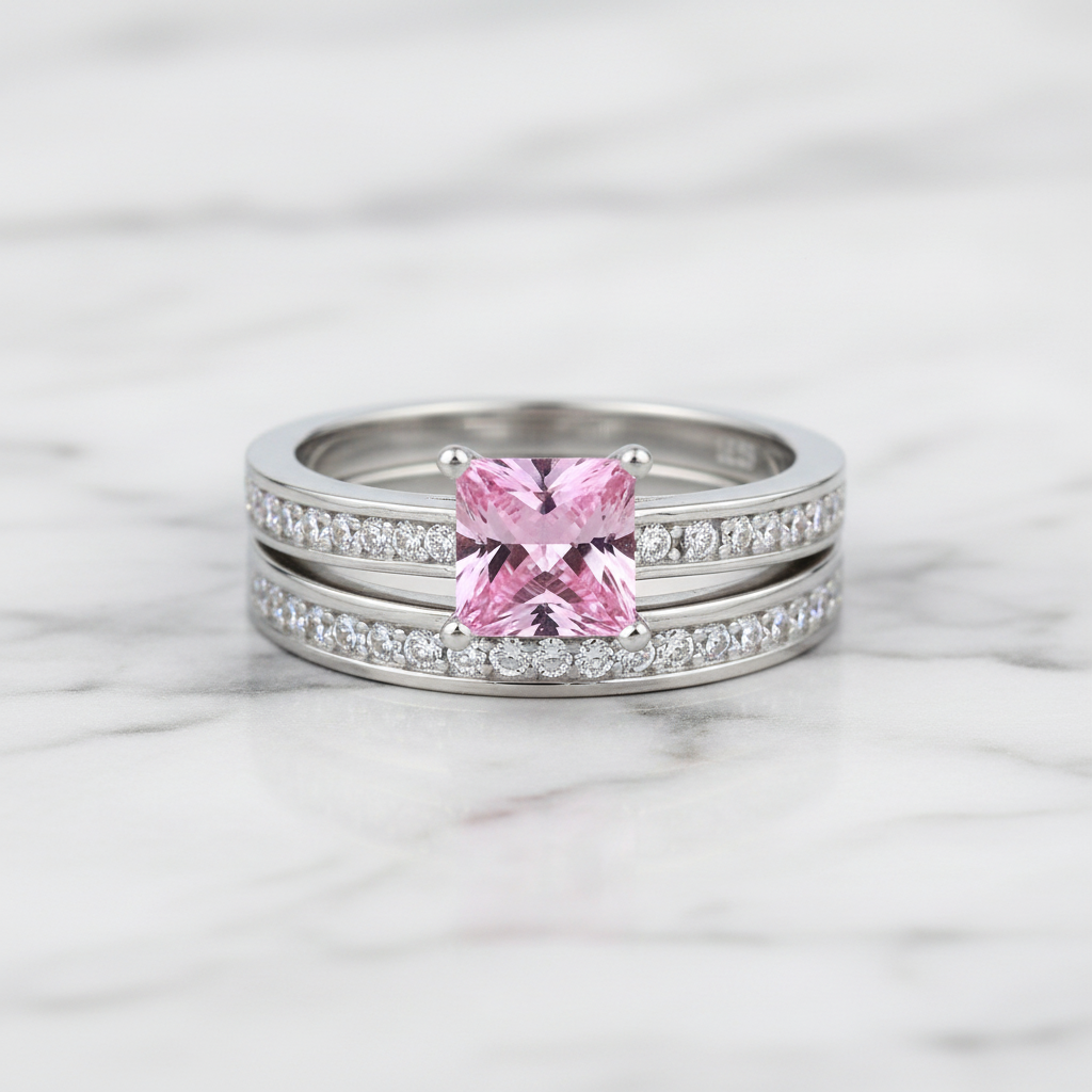 1.5 Princess Cut Pink Diamond Bridal Ring Set 925 Sterling Silver