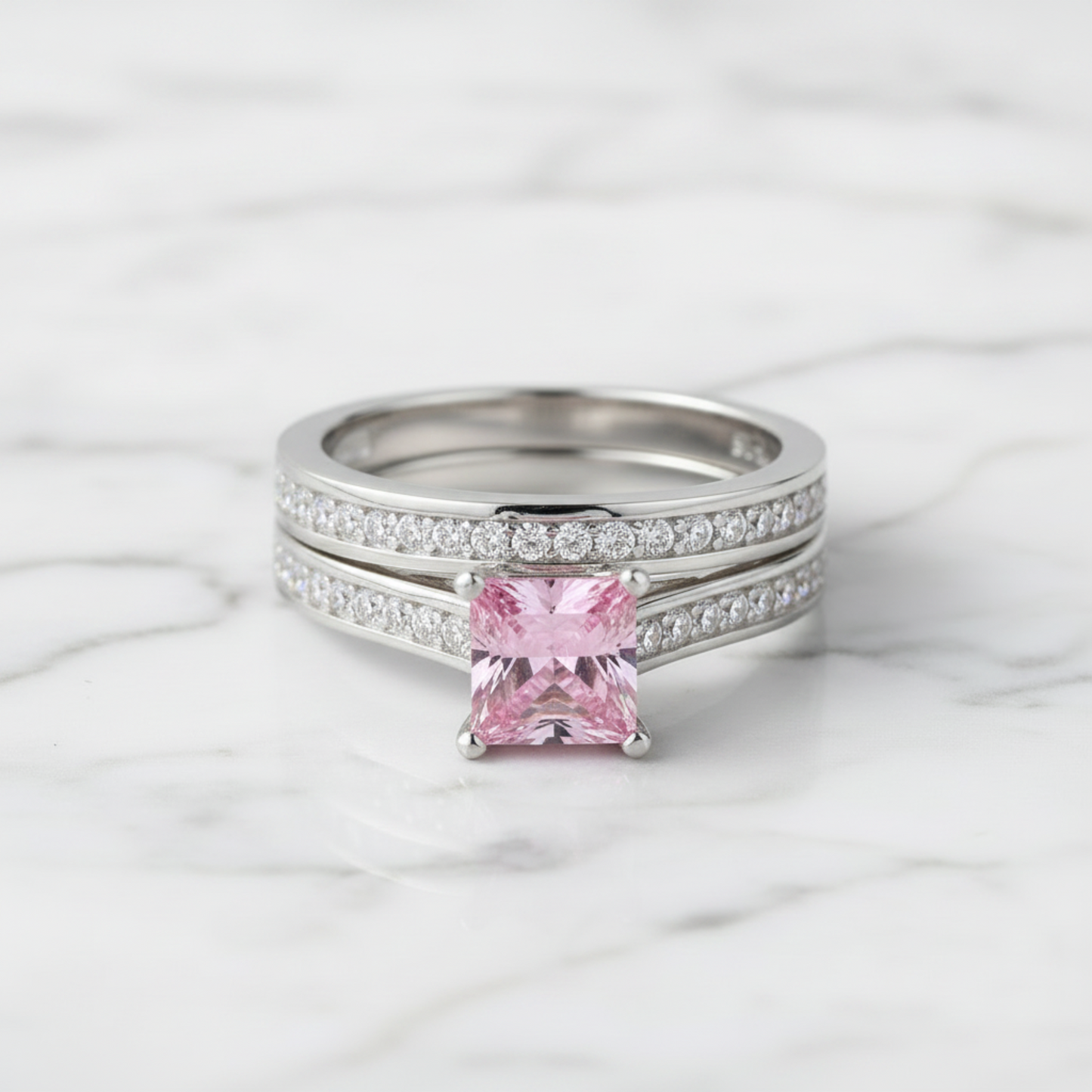 1.5 Princess Cut Pink Diamond Bridal Ring Set 925 Sterling Silver