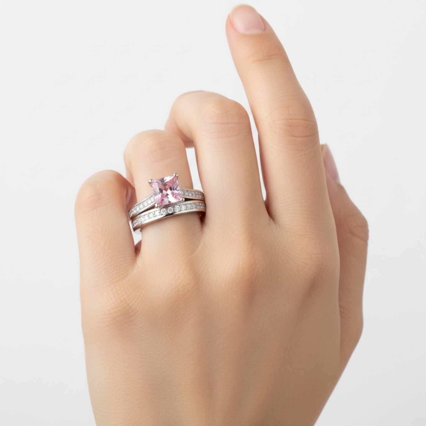1.5 Princess Cut Pink Diamond Bridal Ring Set 925 Sterling Silver