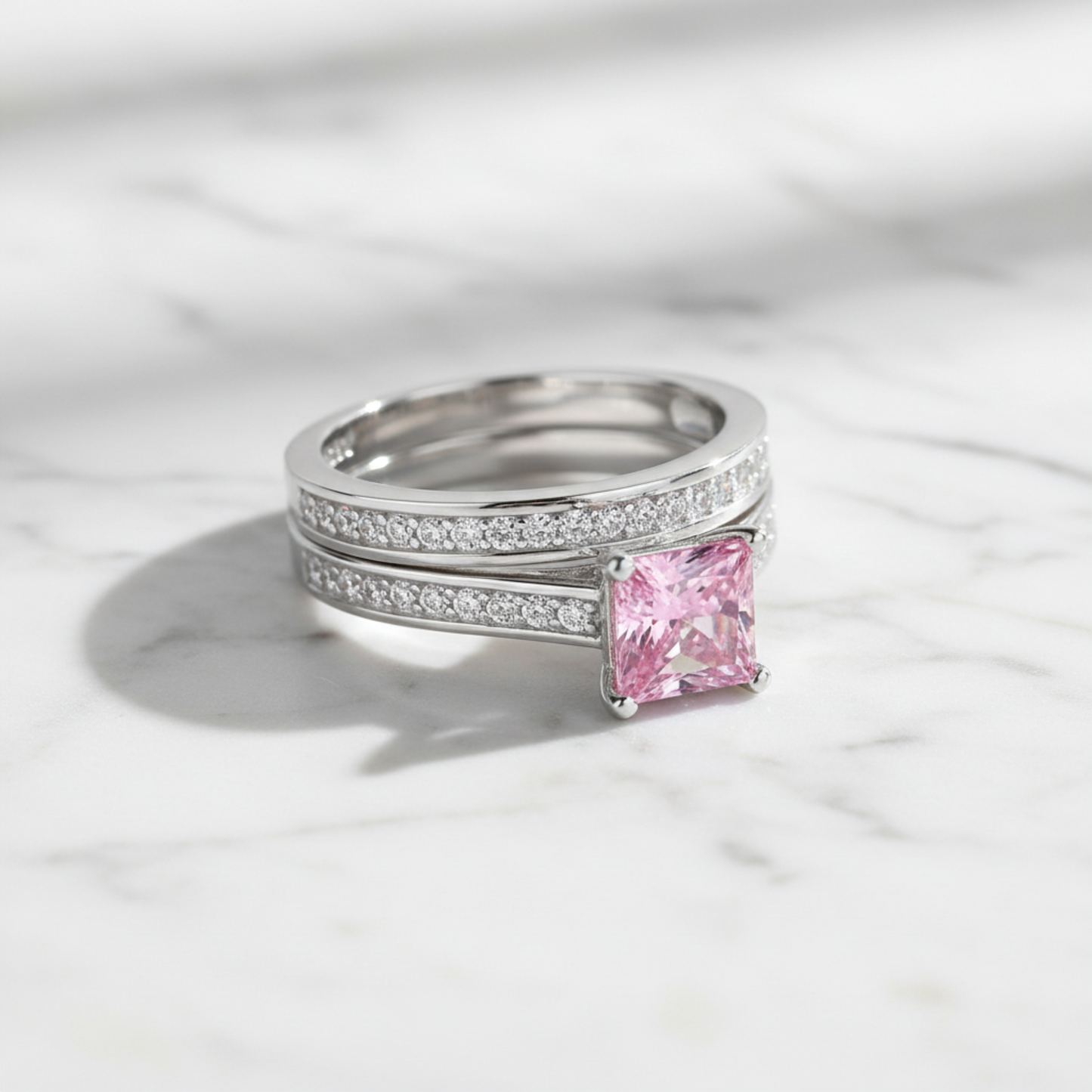 1.5 Princess Cut Pink Diamond Bridal Ring Set 925 Sterling Silver