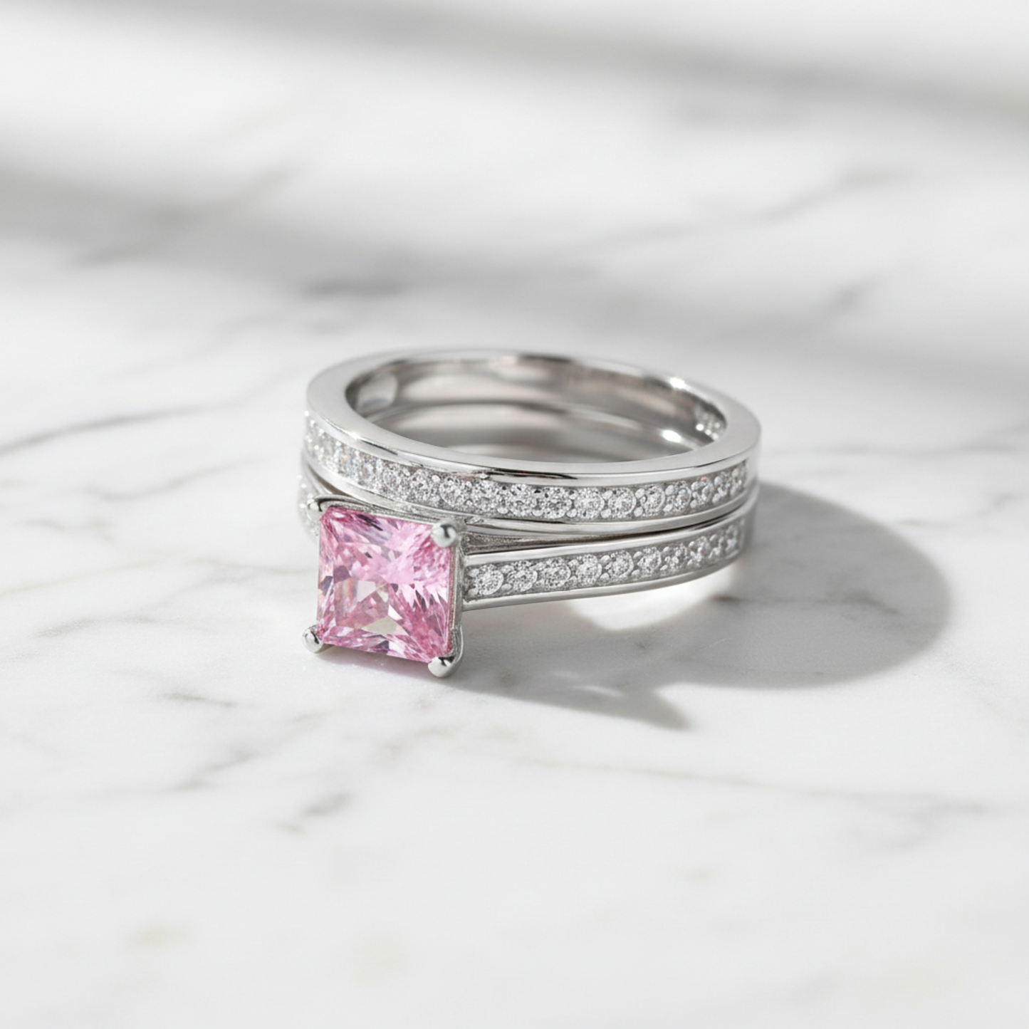1.5 Princess Cut Pink Diamond Bridal Ring Set 925 Sterling Silver