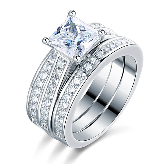 Princess Cut 3 Pcs Created Diamond Wedding Engagement Ring Set 925 Sterling Silver