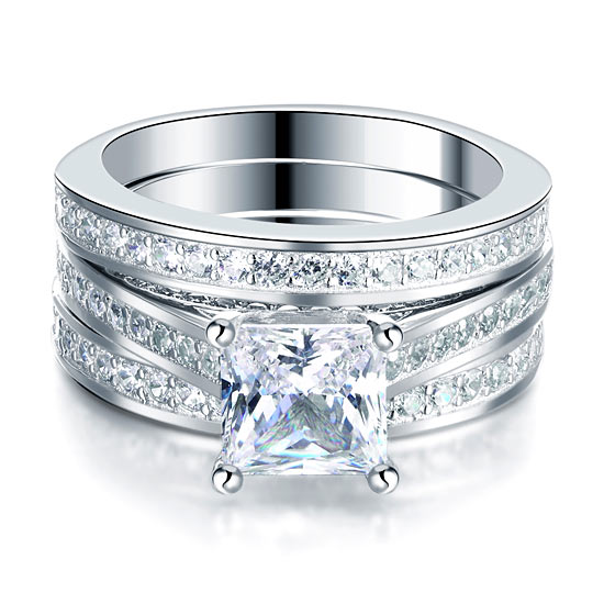 Princess Cut 3 Pcs Created Diamond Wedding Engagement Ring Set 925 Sterling Silver