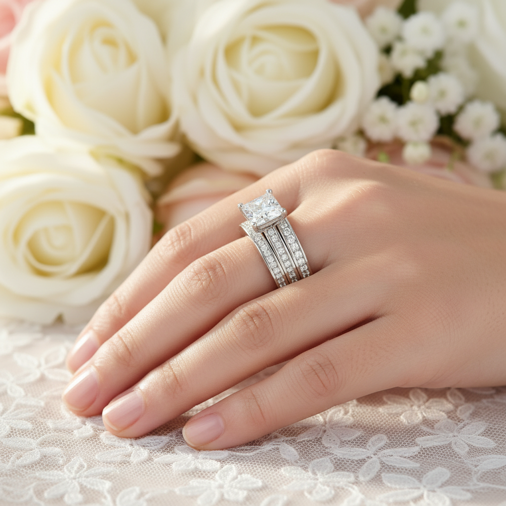 Princess Cut 3 Pcs Created Diamond Wedding Engagement Ring Set 925 Sterling Silver