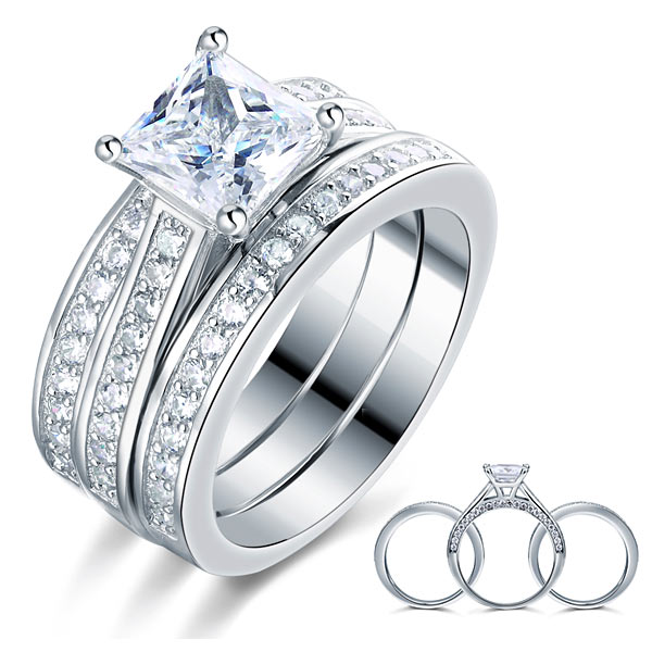 Princess Cut 3 Pcs Created Diamond Wedding Engagement Ring Set 925 Sterling Silver