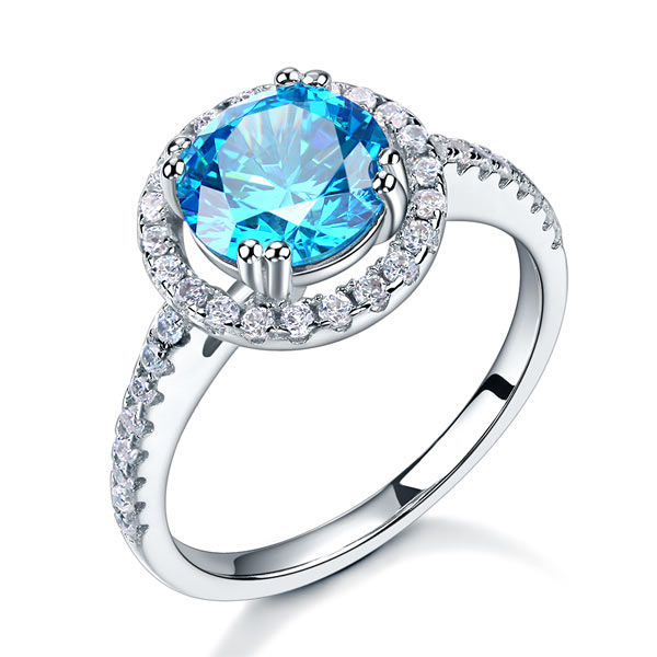 925 Sterling Silver Wedding Engagement Halo Ring 2 Carat Fancy Blue Simulated Diamond XFR8200 - Silver Rings