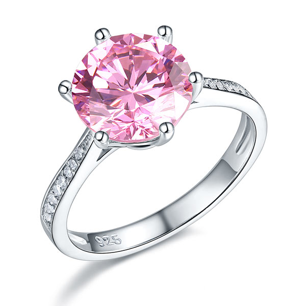 3 Carat Round Cut Pink Created Diamond Accented Engagement Ring 925 Sterling Silver - Size 5 - Silver Rings