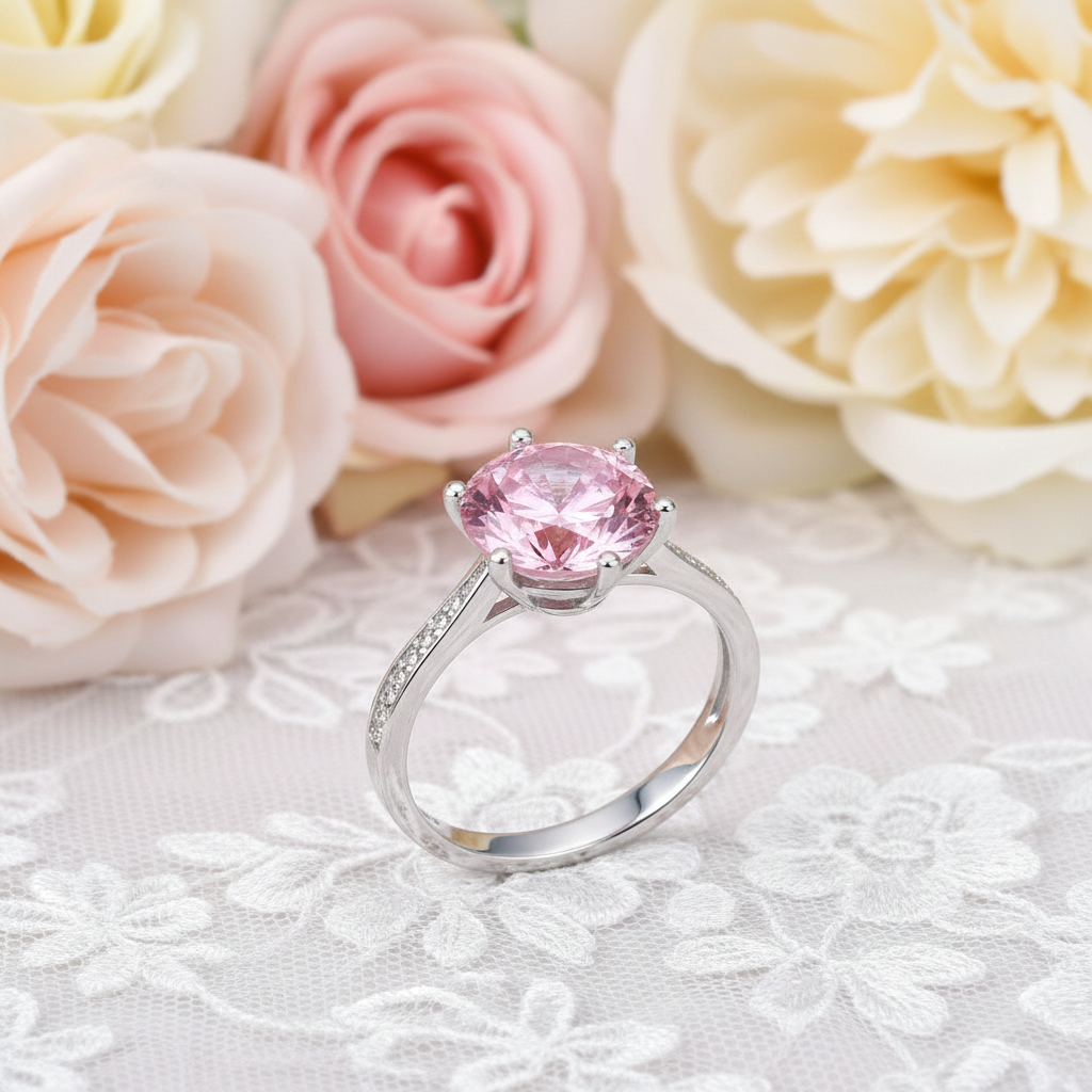 3 Carat Round Cut Pink Created Diamond Accented Engagement Ring 925 Sterling Silver - Silver Rings