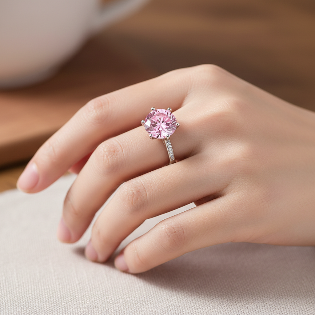 3 Carat Round Cut Pink Created Diamond Accented Engagement Ring 925 Sterling Silver - Silver Rings