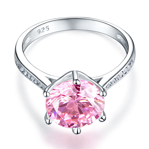 3 Carat Round Cut Pink Created Diamond Accented Engagement Ring 925 Sterling Silver - Silver Rings