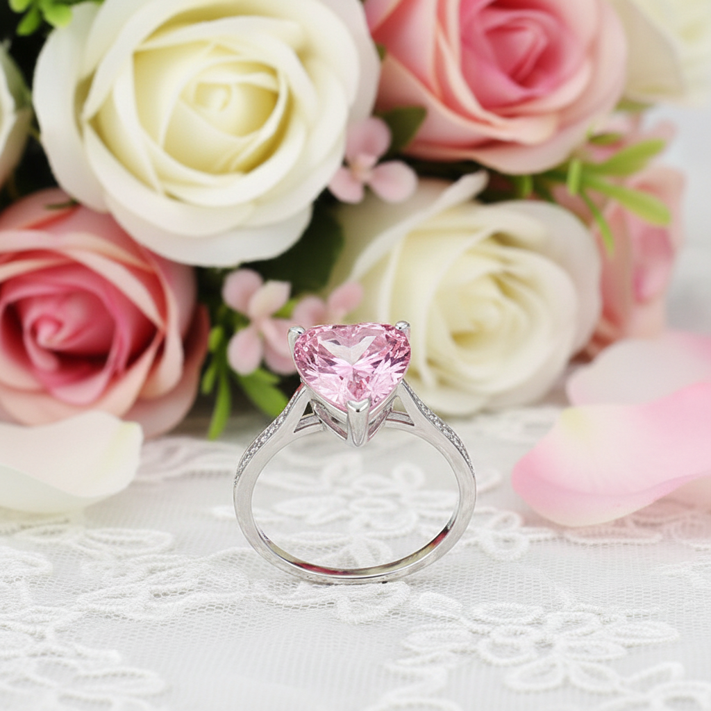 3.5 Carat Heart Cut Lab Created Pink Heart Diamond Engagement Ring 925 Sterling Silver