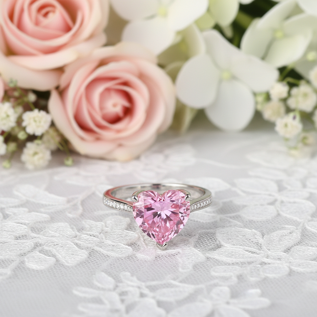 3.5 Carat Heart Cut Lab Created Pink Heart Diamond Engagement Ring 925 Sterling Silver