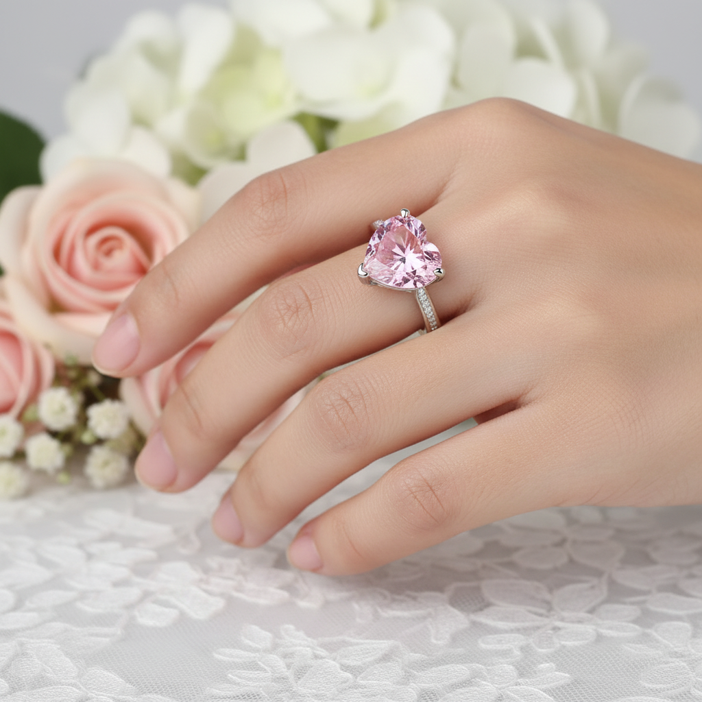 3.5 Carat Heart Cut Lab Created Pink Heart Diamond Engagement Ring 925 Sterling Silver