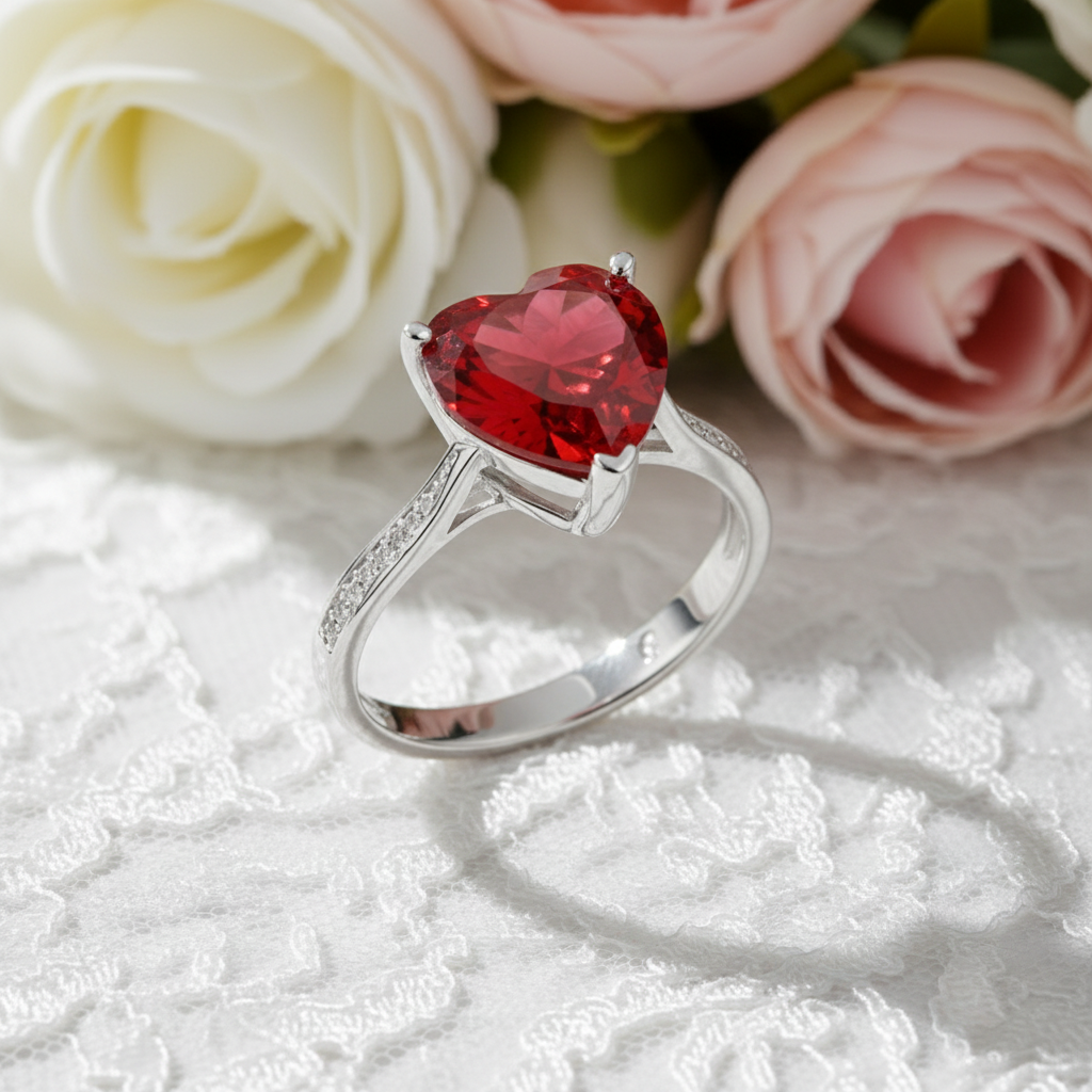 925 Sterling Silver Bridal Ring 3.5 Carat Heart Ruby Ring - Silver Rings
