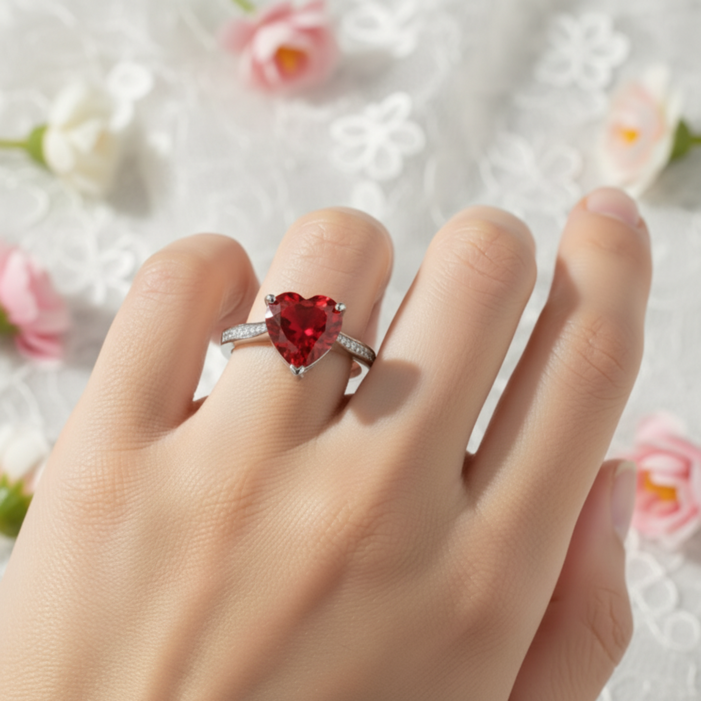 925 Sterling Silver Bridal Ring 3.5 Carat Heart Ruby Ring - Silver Rings