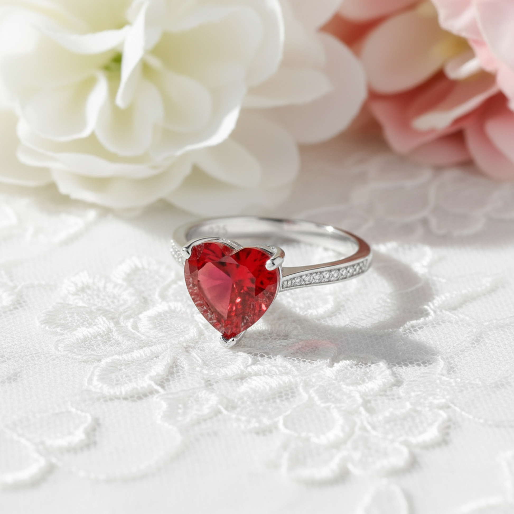 925 Sterling Silver Bridal Ring 3.5 Carat Heart Ruby Ring - Silver Rings
