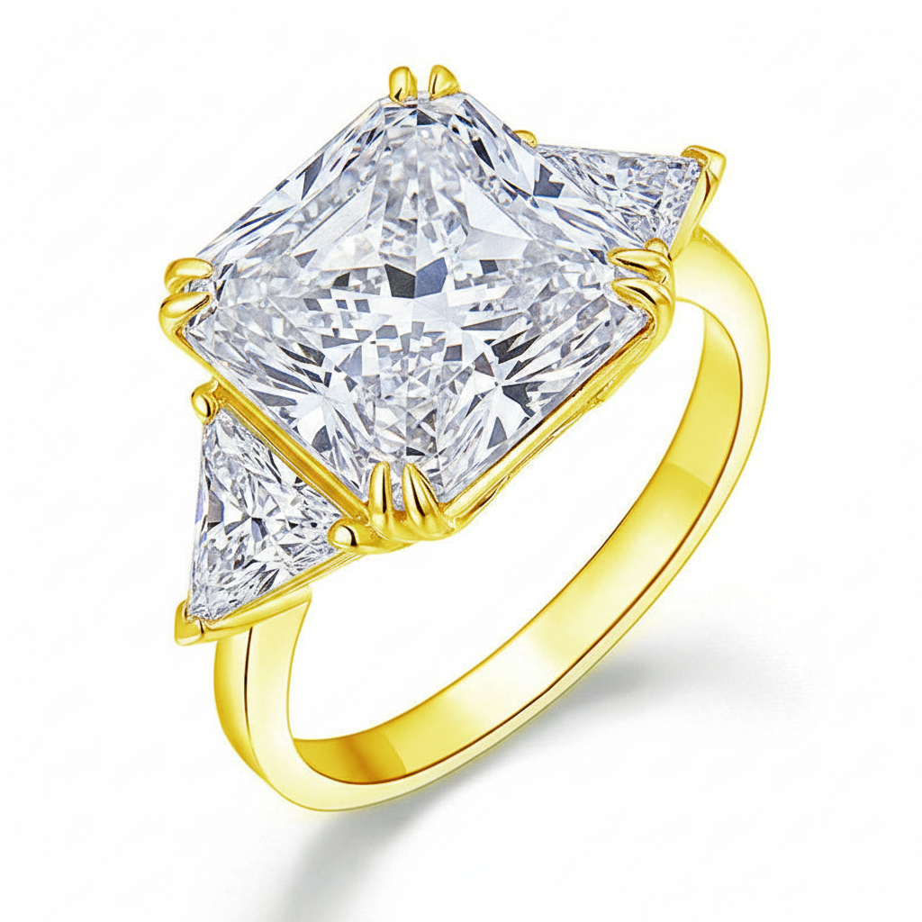 8 Ct Princess Three Stone Created Diamond Gold 925 Sterling Silver Statement Engagement Ring