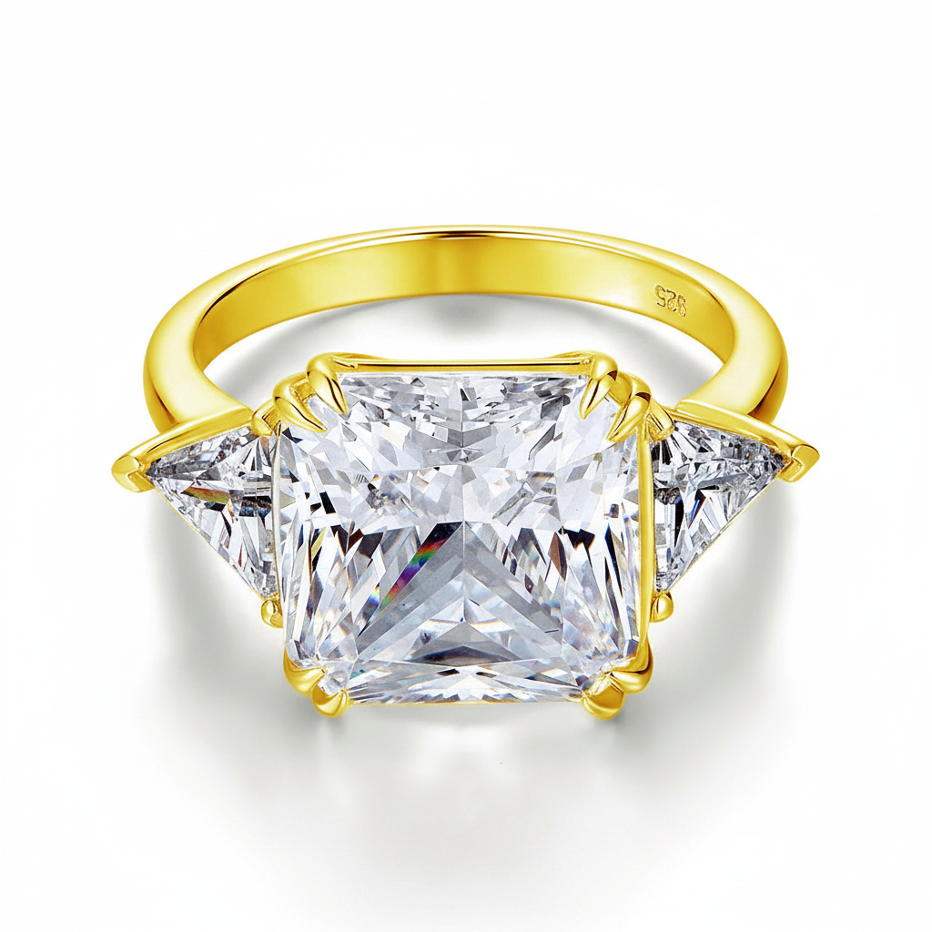 8 Ct Princess Three Stone Created Diamond Gold 925 Sterling Silver Statement Engagement Ring