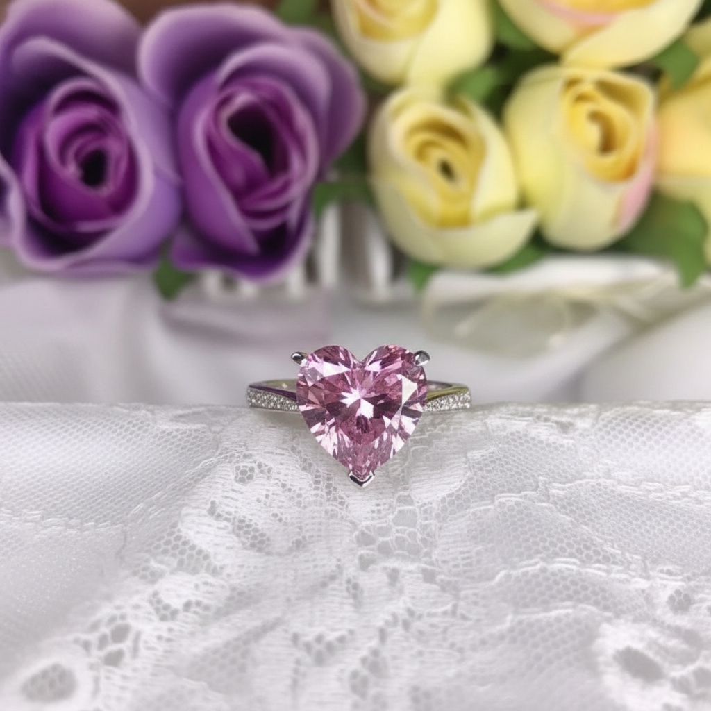 3.5 Carat Heart Cut Lab Created Pink Heart Diamond Engagement Ring 925 Sterling Silver