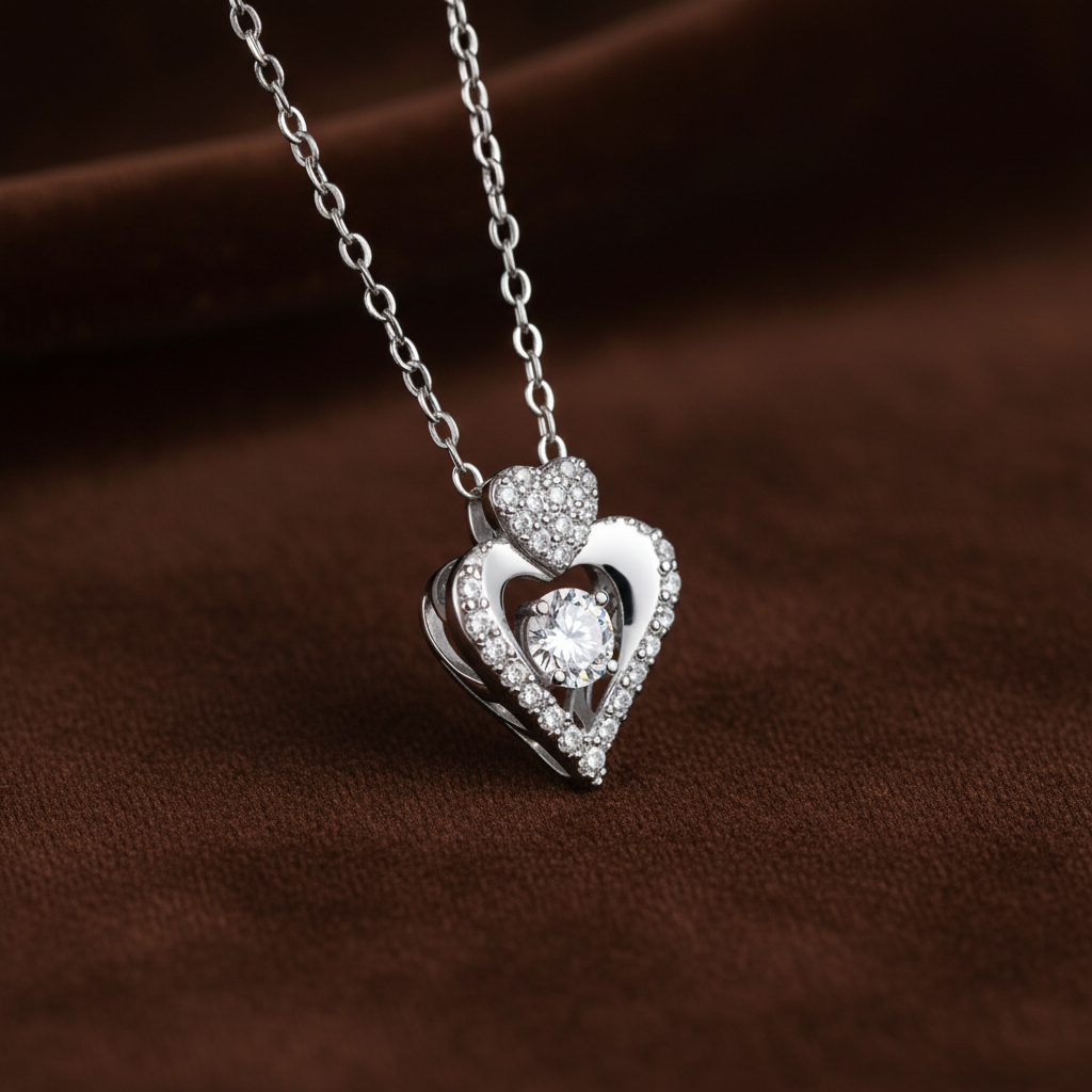Moving Moissanite Heart Necklace Heart Halo Pendant - Silver Necklaces