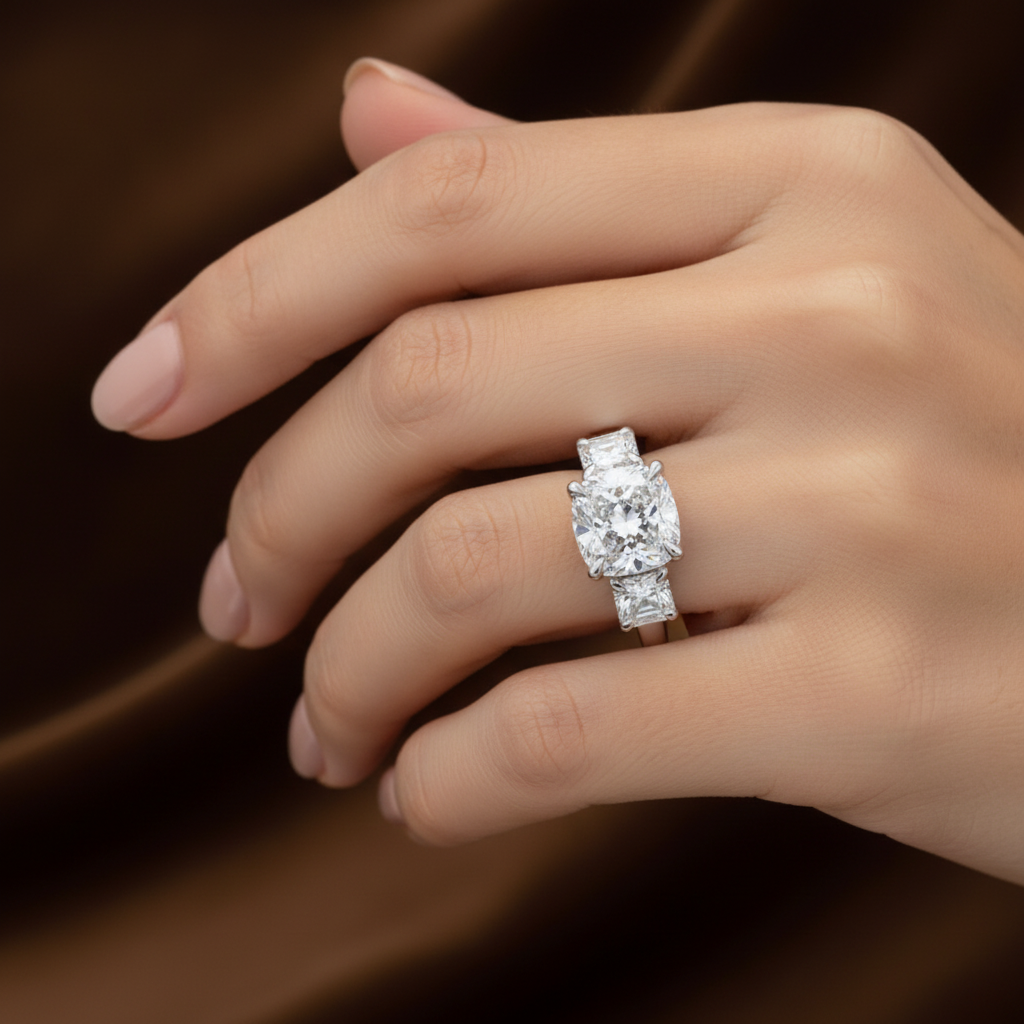 Three Stone Engagement Ring, 4 Carat Cushion Cut Diamond Ring, 925 Sterling Silver Wedding Ring, High Carbon Diamond Bridal Anniversary Ring