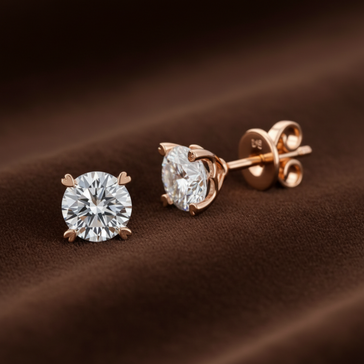 Round Moissanite Heart Prong Stud Earrings Rose Gold - Silver Earrings