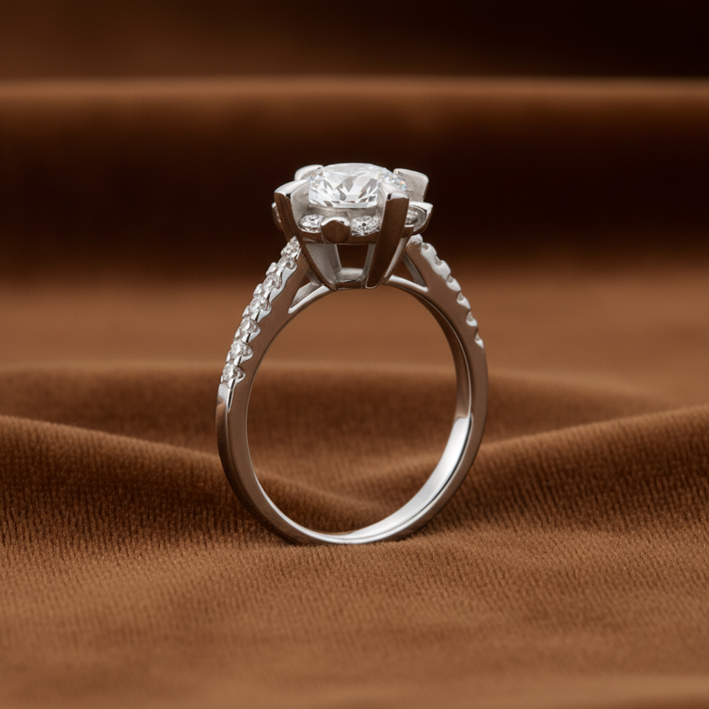Flower Halo Engagement Ring, 1 Carat Round Cut Diamond Ring, Floral Halo Ring, 925 Sterling Silver Wedding Ring, High Carbon Diamond Bridal Ring