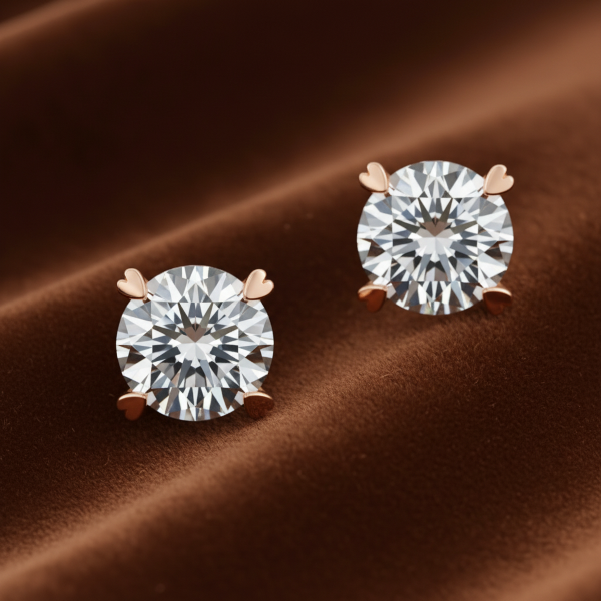 Round Moissanite Heart Prong Stud Earrings Rose Gold - Silver Earrings