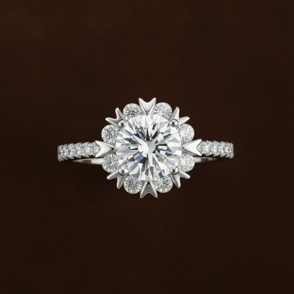 Flower Halo Engagement Ring, 1 Carat Round Cut Diamond Ring, Floral Halo Ring, 925 Sterling Silver Wedding Ring, High Carbon Diamond Bridal Ring