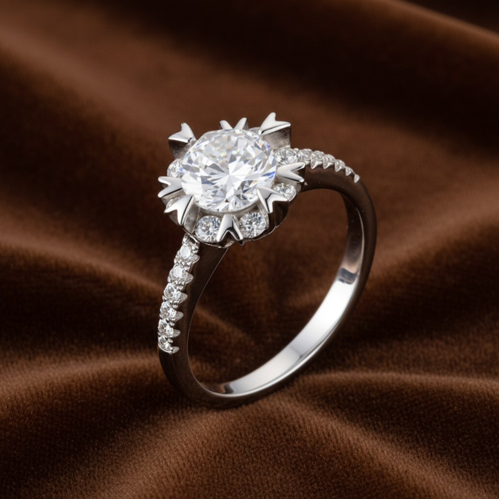 Flower Halo Engagement Ring, 1 Carat Round Cut Diamond Ring, Floral Halo Ring, 925 Sterling Silver Wedding Ring, High Carbon Diamond Bridal Ring