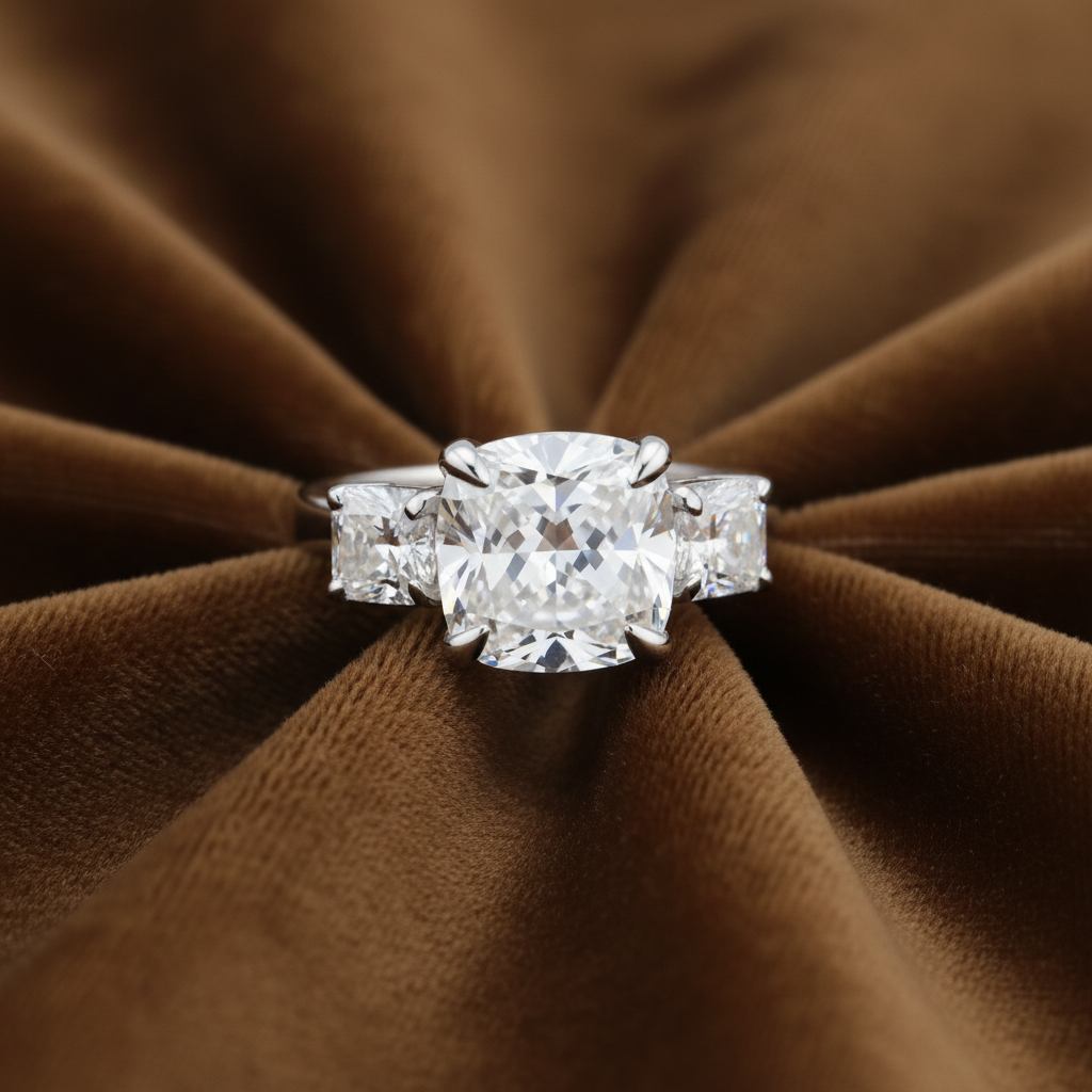 Three Stone Engagement Ring, 4 Carat Cushion Cut Diamond Ring, 925 Sterling Silver Wedding Ring, High Carbon Diamond Bridal Anniversary Ring