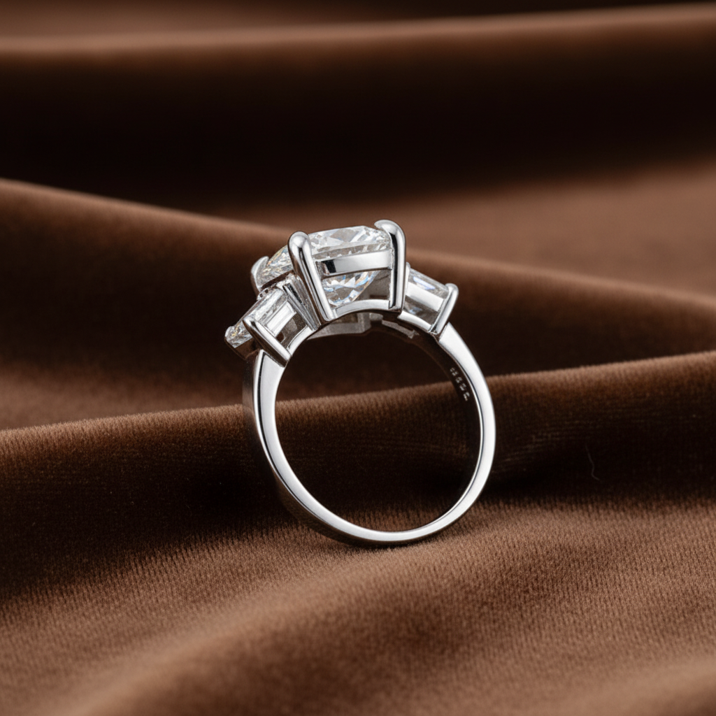 Three Stone Engagement Ring, 4 Carat Cushion Cut Diamond Ring, 925 Sterling Silver Wedding Ring, High Carbon Diamond Bridal Anniversary Ring
