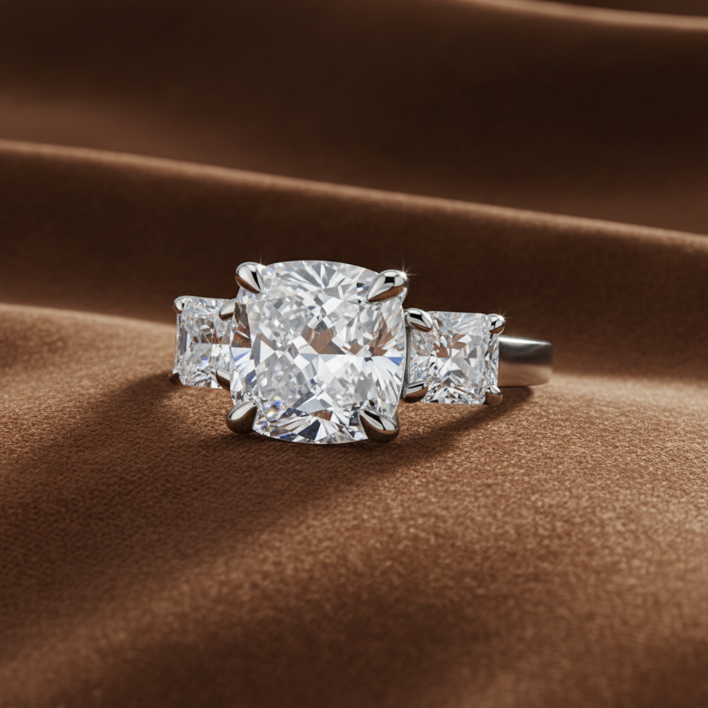 Three Stone Engagement Ring, 4 Carat Cushion Cut Diamond Ring, 925 Sterling Silver Wedding Ring, High Carbon Diamond Bridal Anniversary Ring
