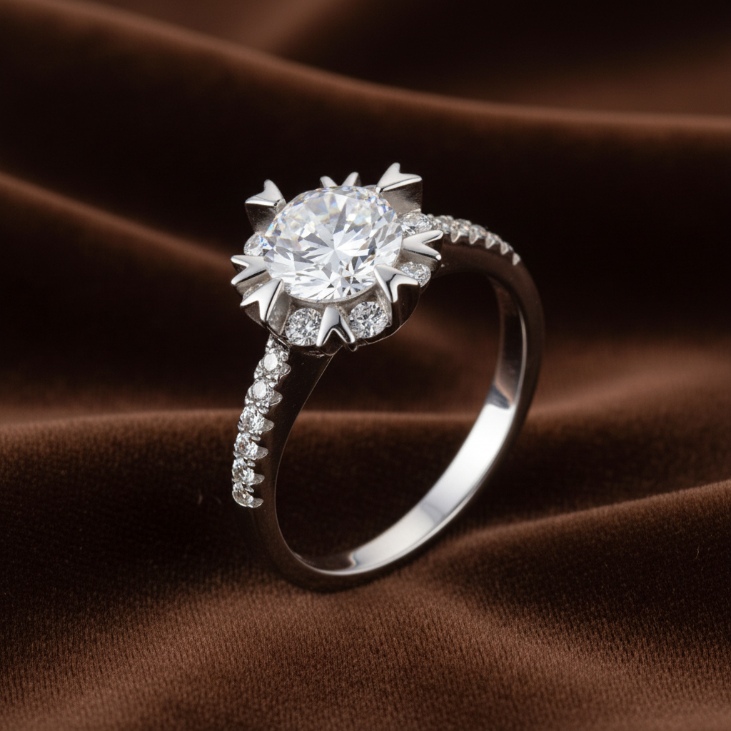 Flower Halo Engagement Ring, 1 Carat Round Cut Diamond Ring, Floral Halo Ring, 925 Sterling Silver Wedding Ring, High Carbon Diamond Bridal Ring