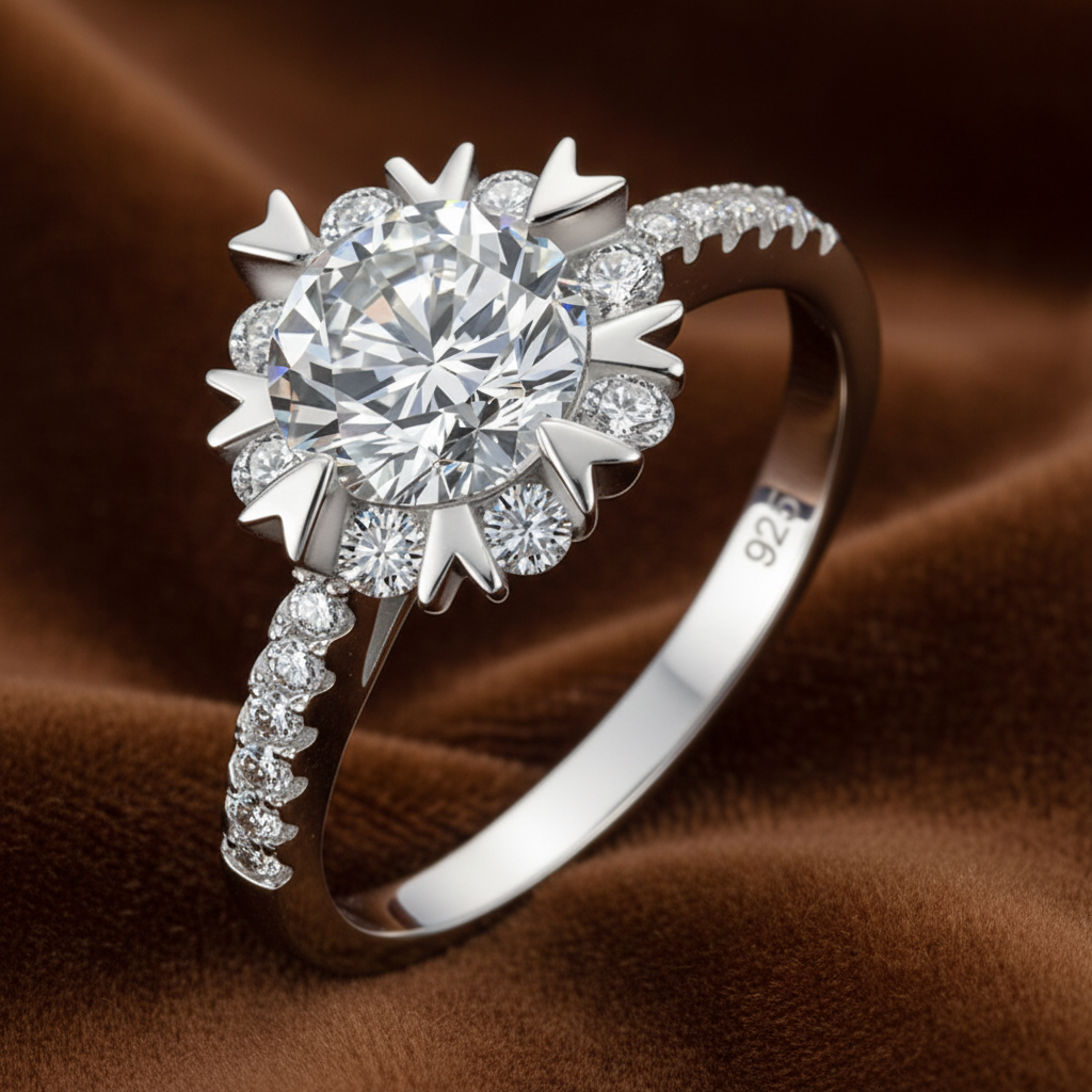 Flower Halo Engagement Ring, 1 Carat Round Cut Diamond Ring, Floral Halo Ring, 925 Sterling Silver Wedding Ring, High Carbon Diamond Bridal Ring