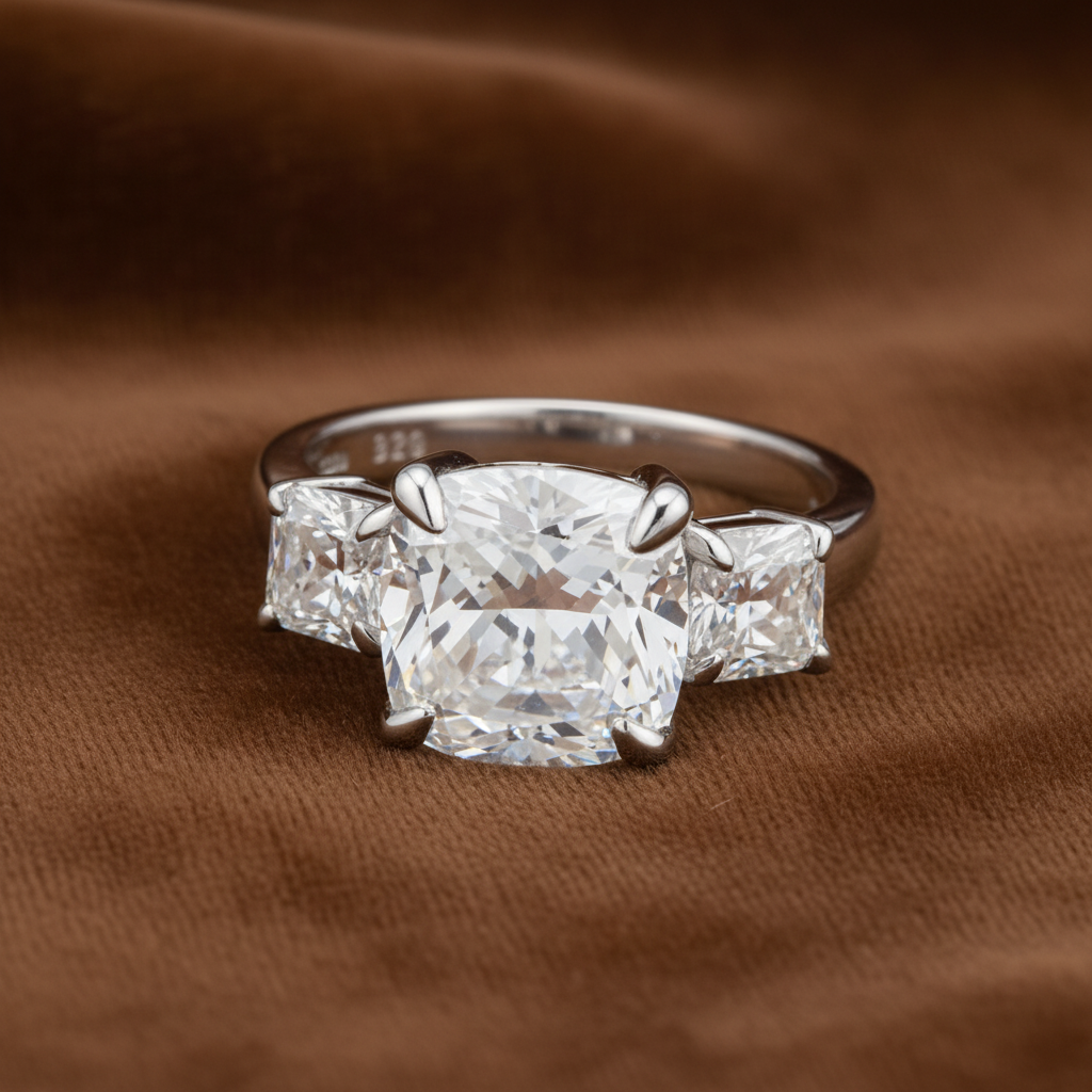 Three Stone Engagement Ring, 4 Carat Cushion Cut Diamond Ring, 925 Sterling Silver Wedding Ring, High Carbon Diamond Bridal Anniversary Ring