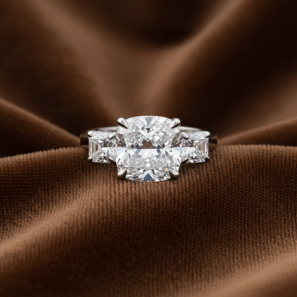 Three Stone Engagement Ring, 4 Carat Cushion Cut Diamond Ring, 925 Sterling Silver Wedding Ring, High Carbon Diamond Bridal Anniversary Ring