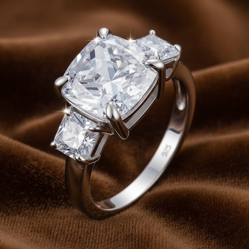 Three Stone Engagement Ring, 4 Carat Cushion Cut Diamond Ring, 925 Sterling Silver Wedding Ring, High Carbon Diamond Bridal Anniversary Ring