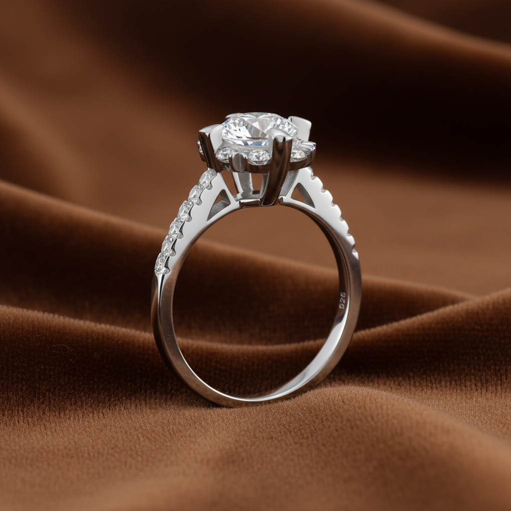 Flower Halo Engagement Ring, 1 Carat Round Cut Diamond Ring, Floral Halo Ring, 925 Sterling Silver Wedding Ring, High Carbon Diamond Bridal Ring