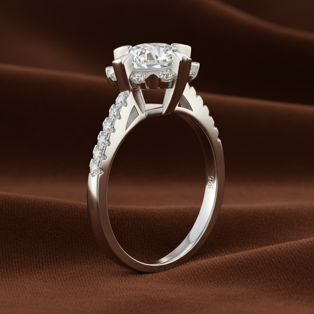 Flower Halo Engagement Ring, 1 Carat Round Cut Diamond Ring, Floral Halo Ring, 925 Sterling Silver Wedding Ring, High Carbon Diamond Bridal Ring